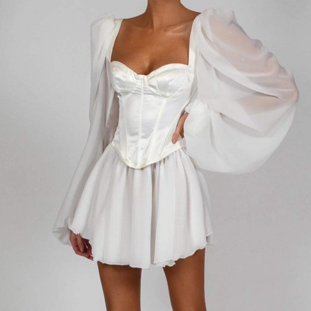 Chiffon Dress, Bodycon Dress, Lantern Sleeve Dress, White Dress